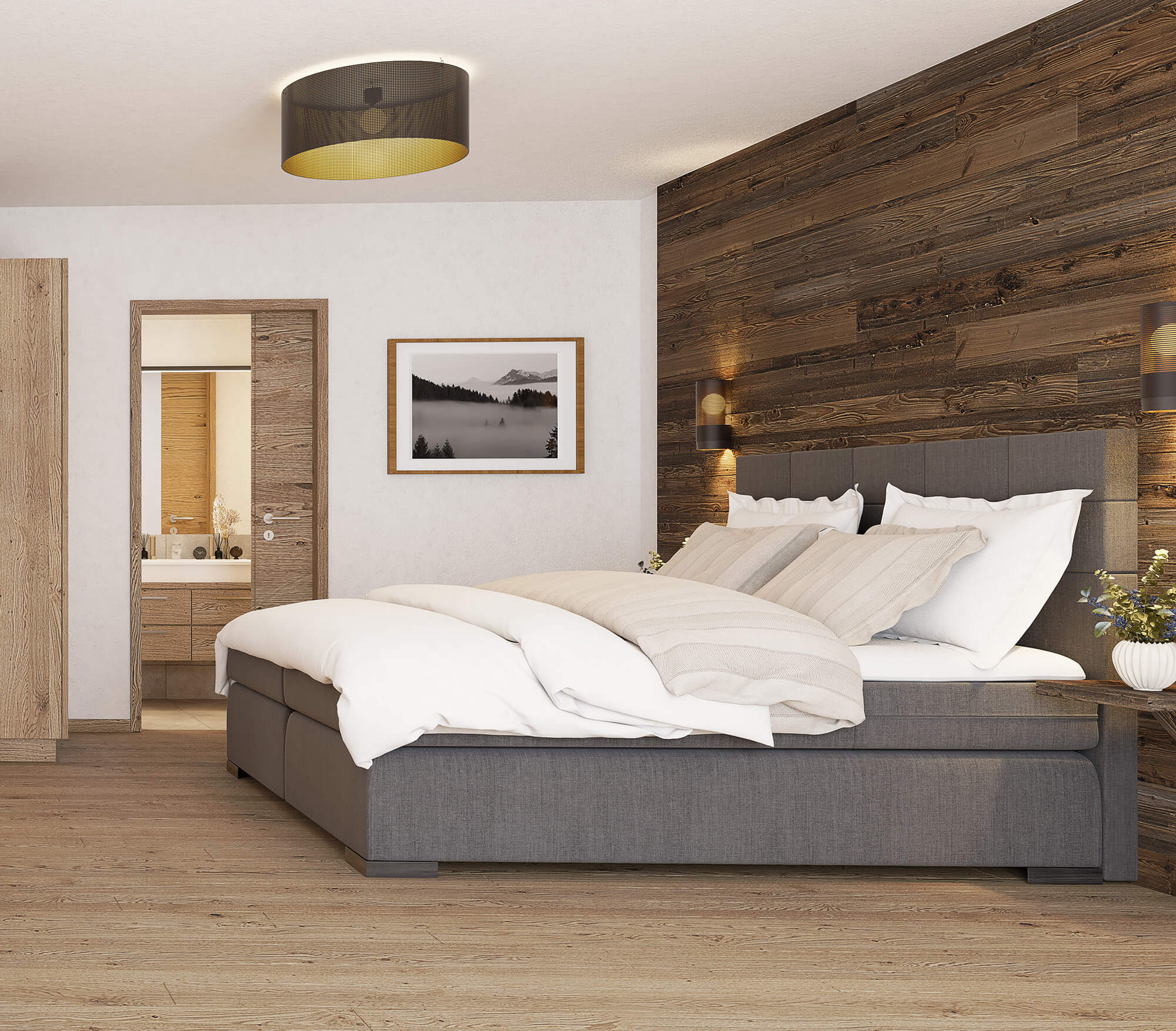 Die Schlafzimmer der Lieblingsplatz'l Apartments sind mit hochwertigen Edelhölzern ausgestattet.